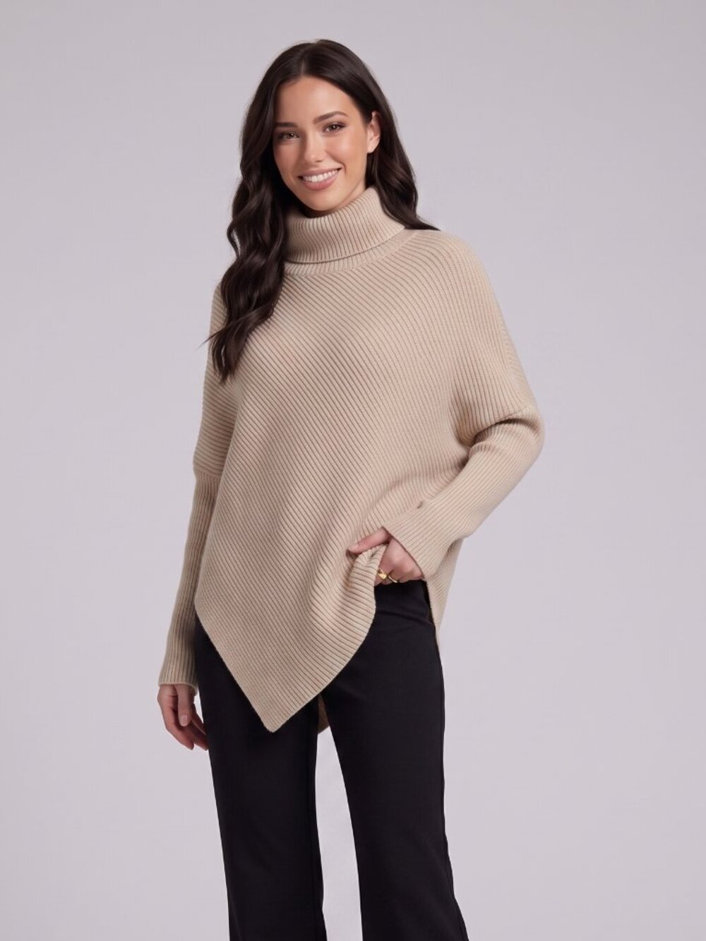 Women's Beige Turtleneck Poncho Sweater Off Shoulder Wrap Fall Winter Knit Cape